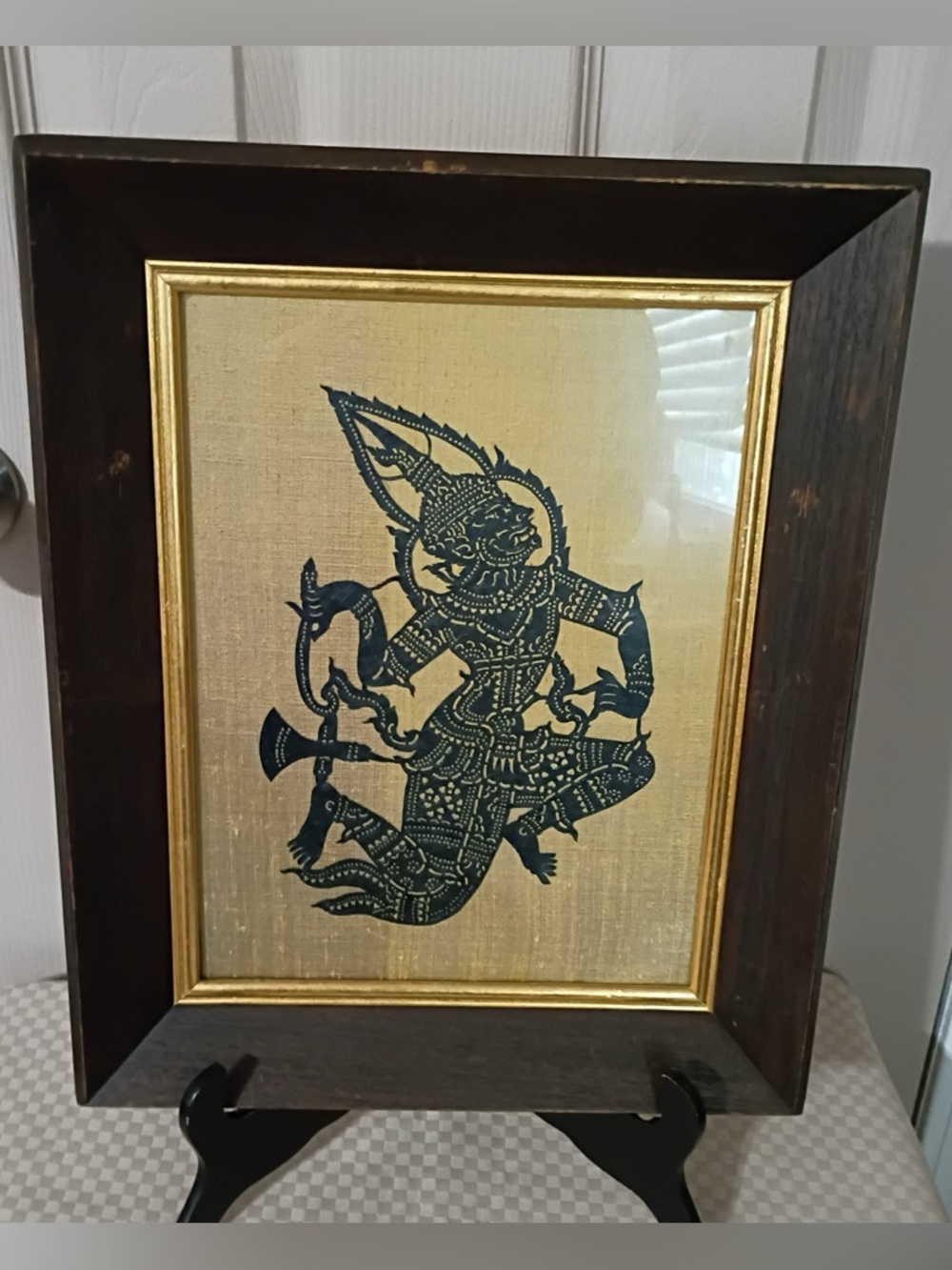 Vintage framed MCM Thai shadow puppet goddess Nang Talung.